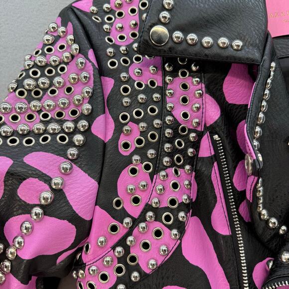Azalea Wang Faux Leather Jacket Women's S Pink Black Pink Leopard Studded Moto - Picture 11 of 12